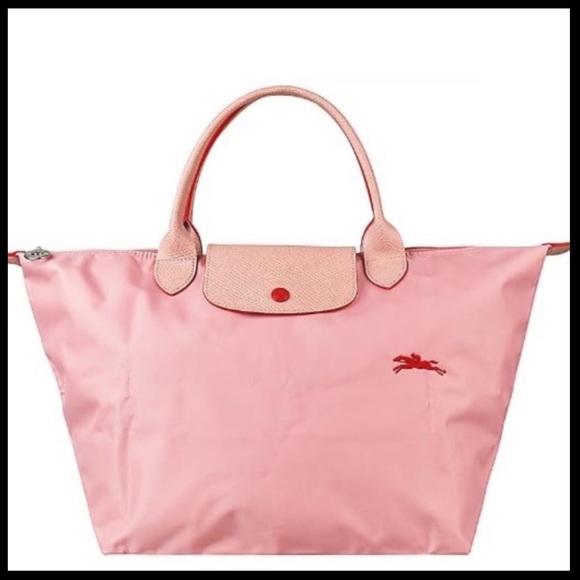 Longchamp Handbags - Longchamp Le Pliage Club Nylon Short Handle Tote Pink with Red- New without tags